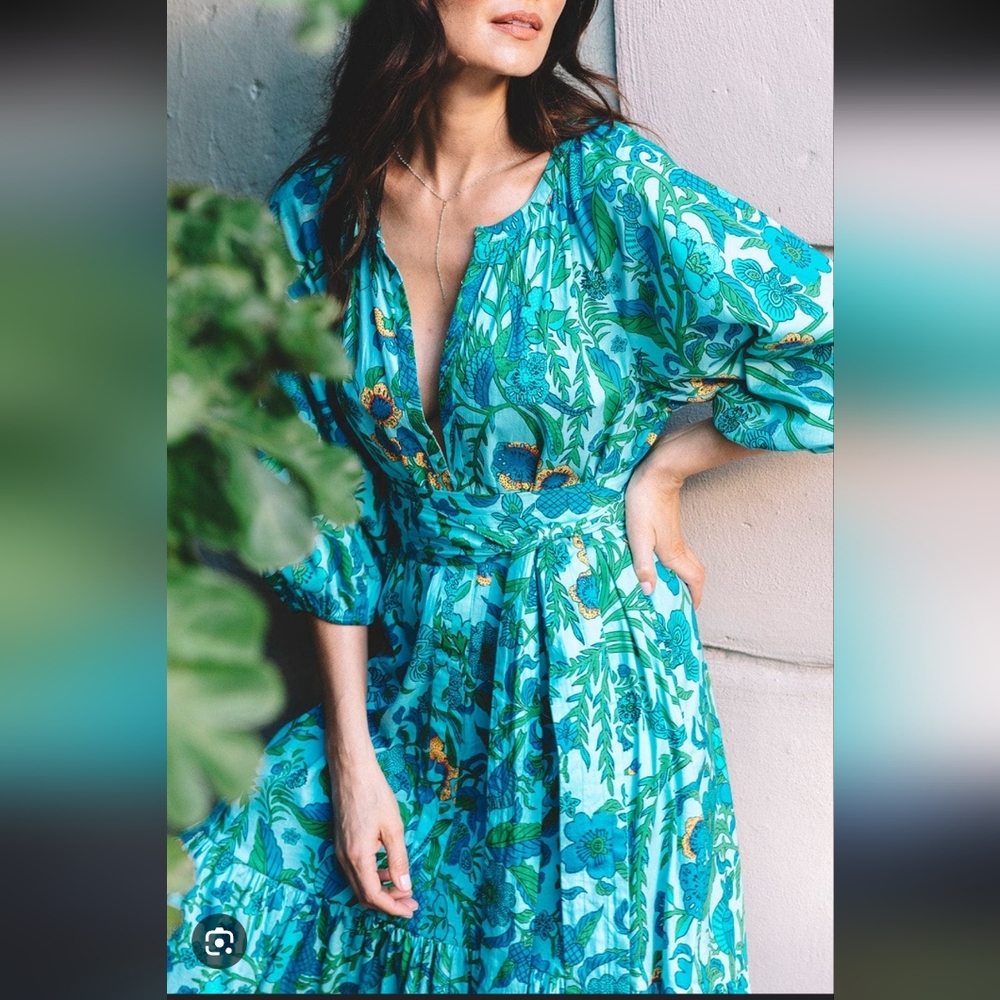Women's Teal Floral Maxi Dress with Tie Waist